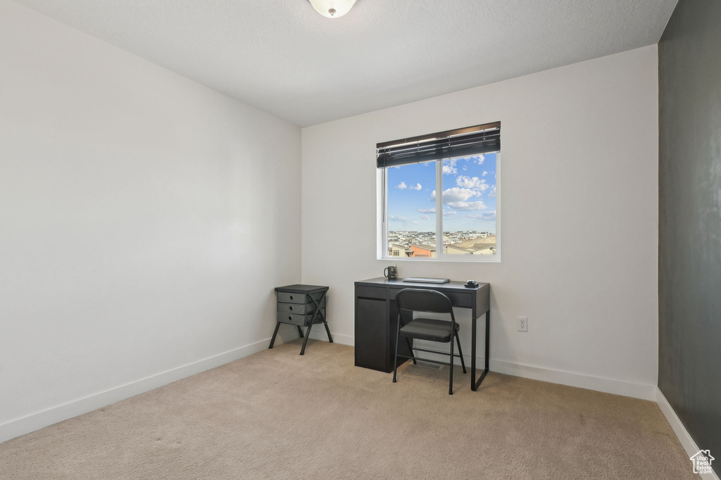 Office space with light colored carpet