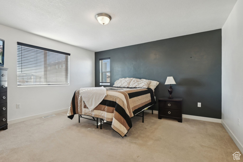 Bedroom with light carpet