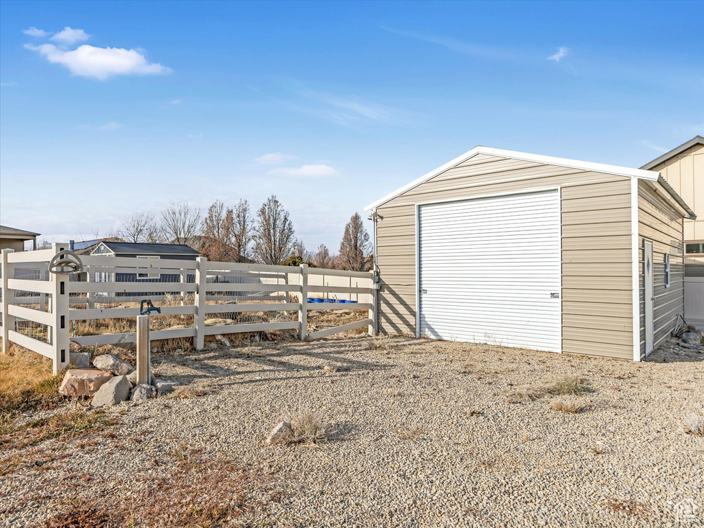Exterior space featuring a garage