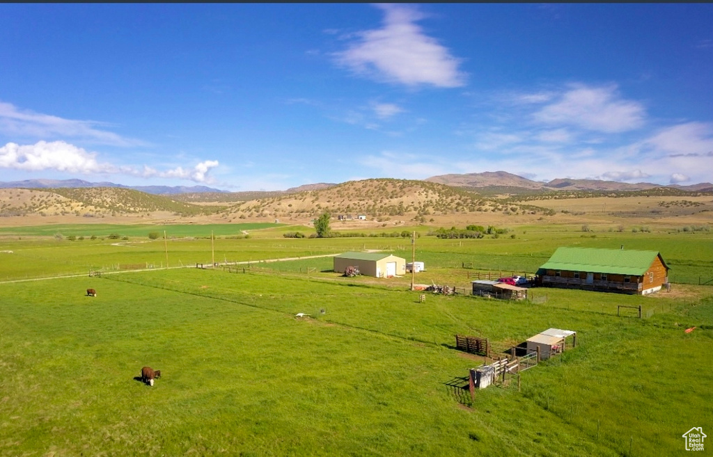 Drone / aerial view featuring a mountain view and a rural view