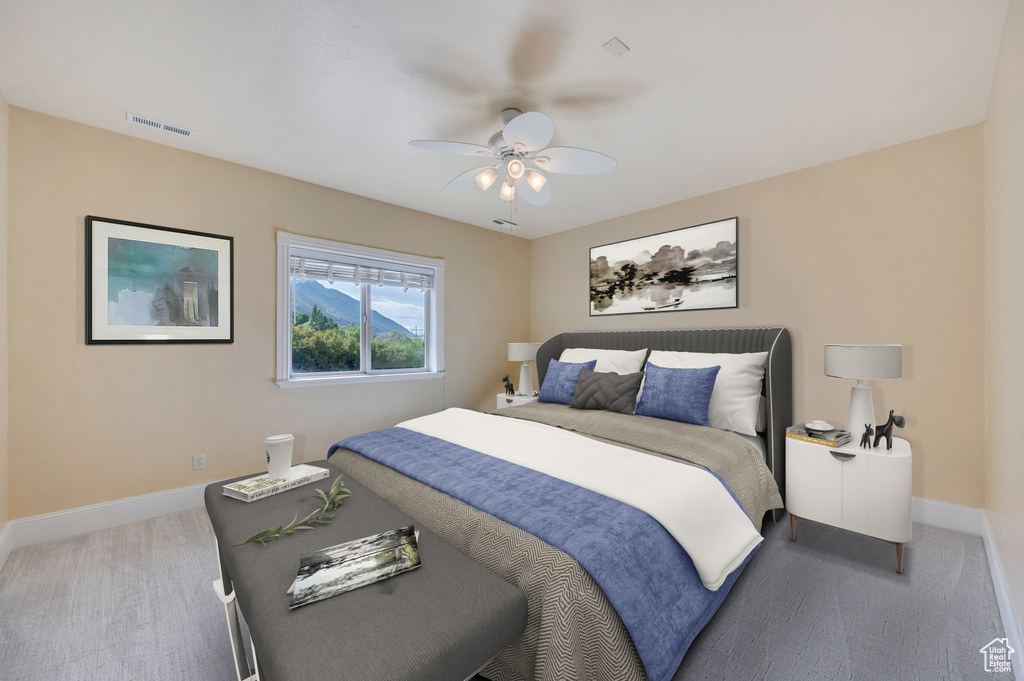 Bedroom featuring carpet flooring and ceiling fan