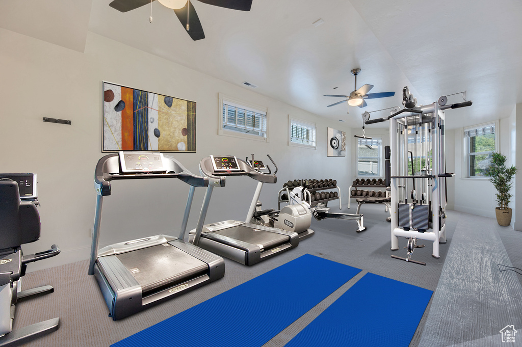 Gym featuring ceiling fan