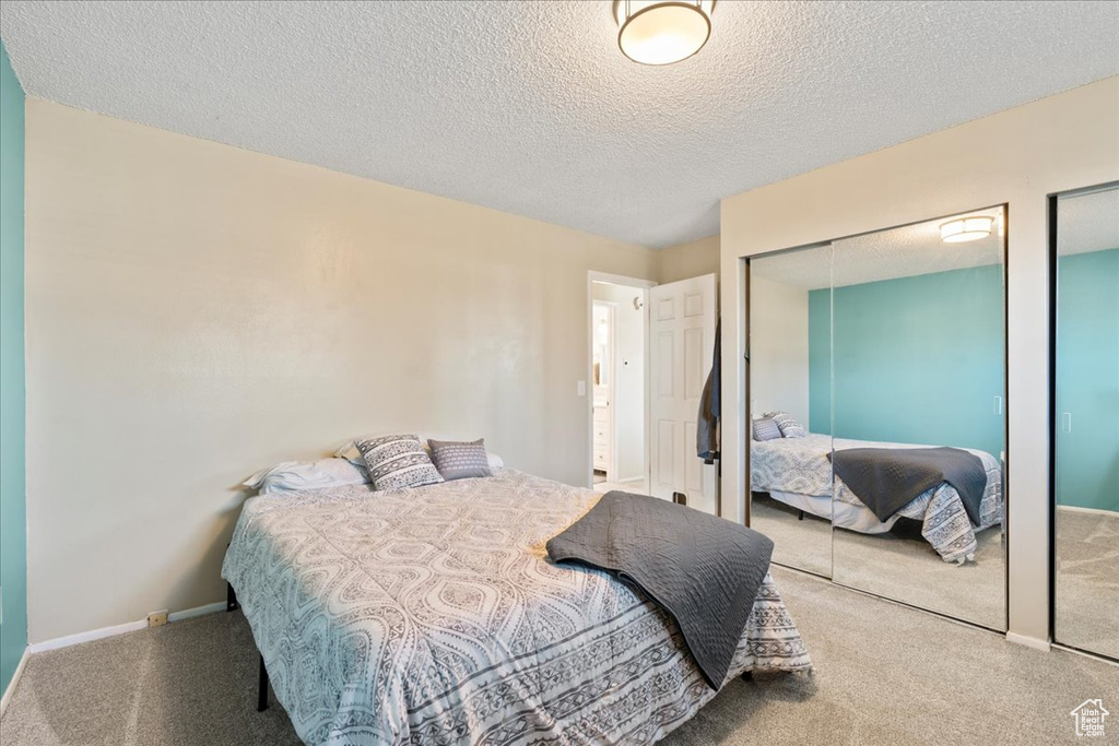 Bedroom featuring a textured ceiling, multiple closets, and carpet