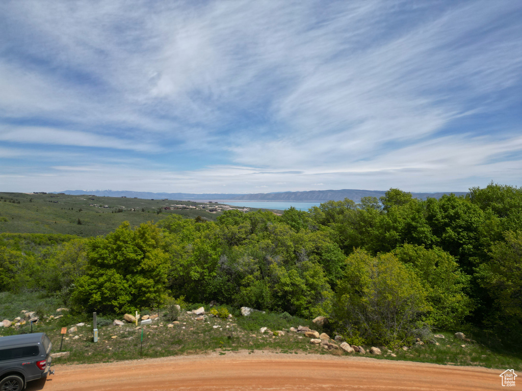 View of mountain background featuring a heavily wooded area and a nearby body of water