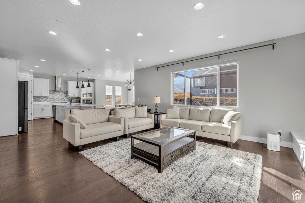 Living room featuring dark hardwood / wood-style flooring and sink