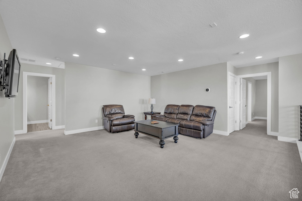 Living room with a textured ceiling and light carpet