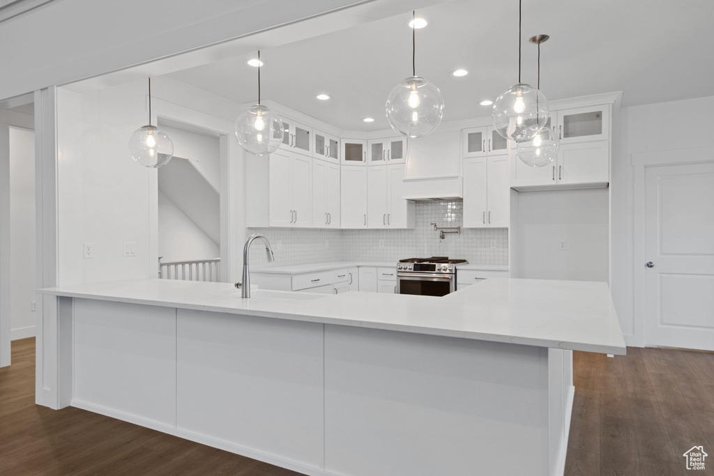 Kitchen featuring custom range hood, stainless steel range oven, dark wood-style floors, decorative backsplash, and light countertops