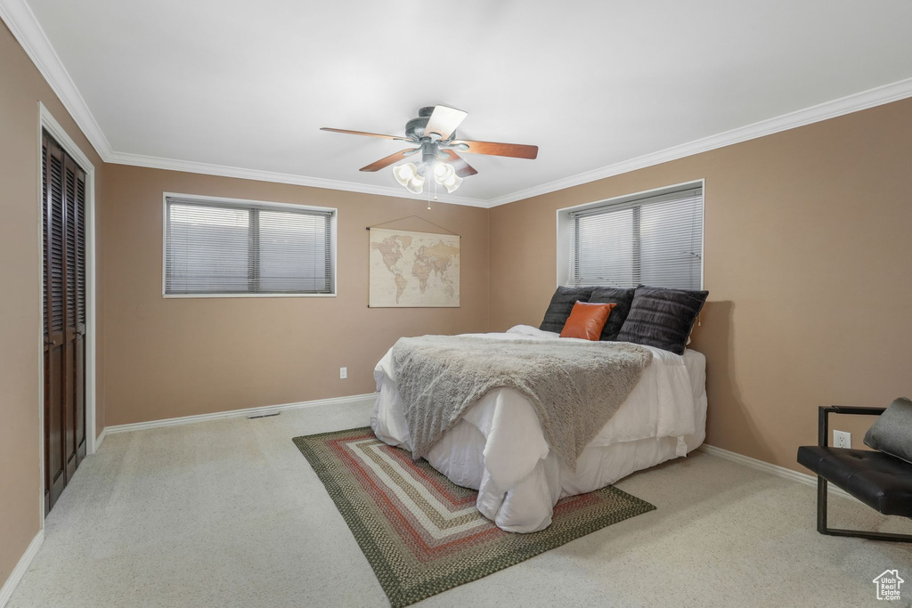 Carpeted bedroom featuring ceiling fan, ornamental molding, and a closet