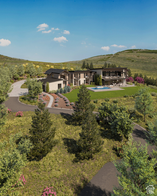 View from above of property featuring a pool