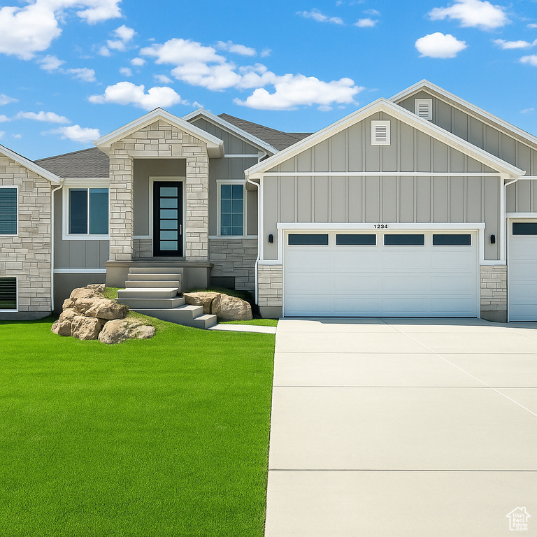View of front of house with a garage, board and batten siding, stone siding, and concrete driveway