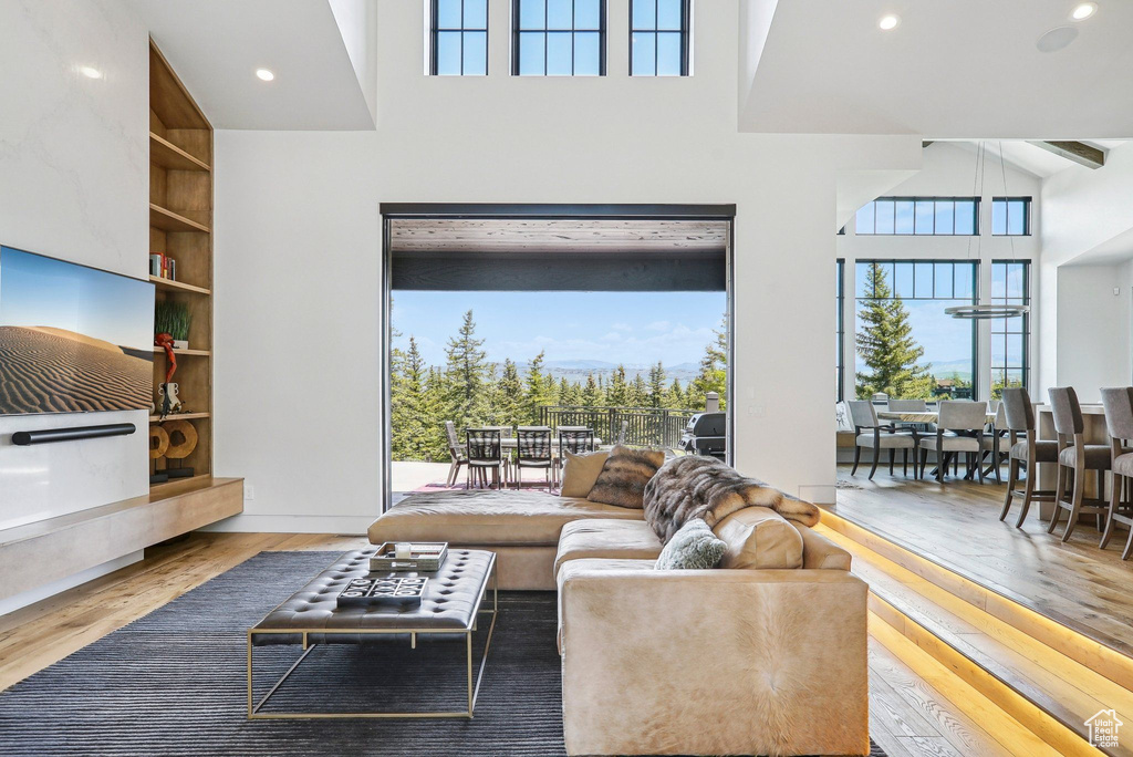 Living area featuring hardwood / wood-style flooring, a high ceiling, built in features, and recessed lighting