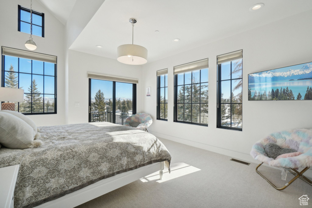 Carpeted bedroom with access to outside, multiple windows, recessed lighting, and baseboards