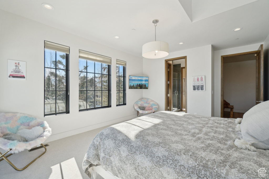 Carpeted bedroom with recessed lighting
