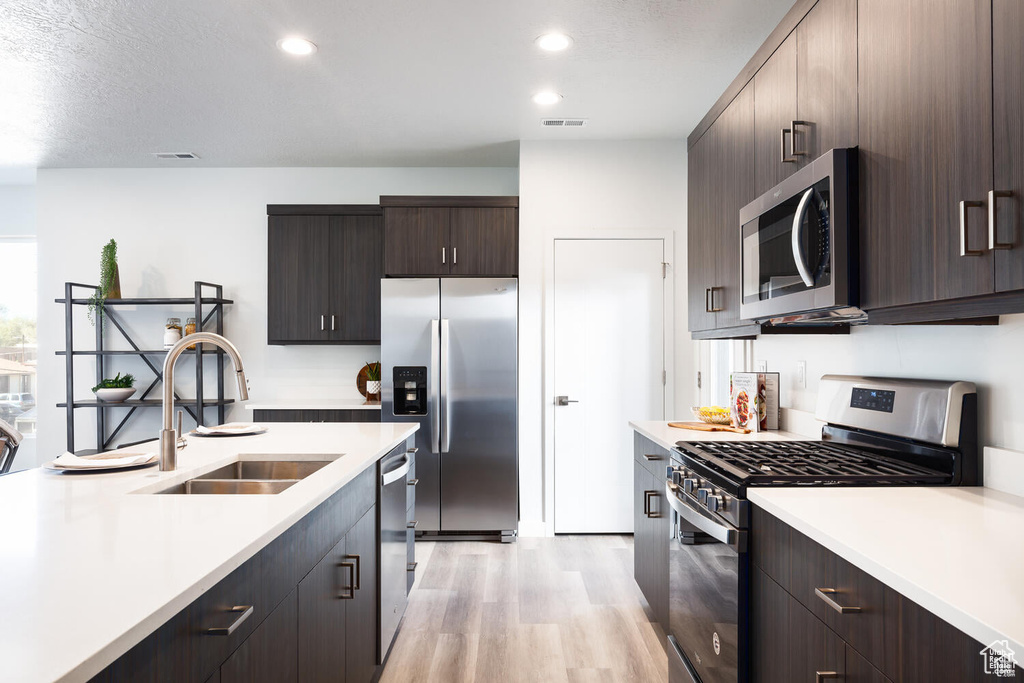 Kitchen featuring sink, light hardwood / wood-style flooring, stainless steel appliances, and dark brown cabinets