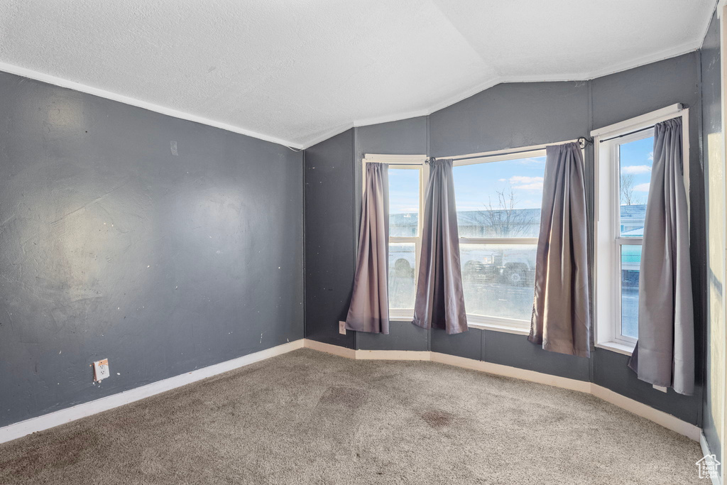 Empty room with vaulted ceiling, crown molding, a water view, and carpet floors