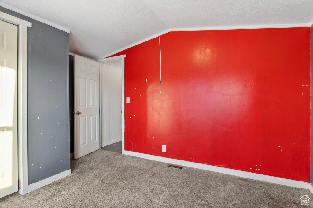 Empty room with lofted ceiling, carpet floors, and a textured ceiling