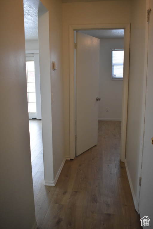 Hall with hardwood / wood-style floors and a textured ceiling