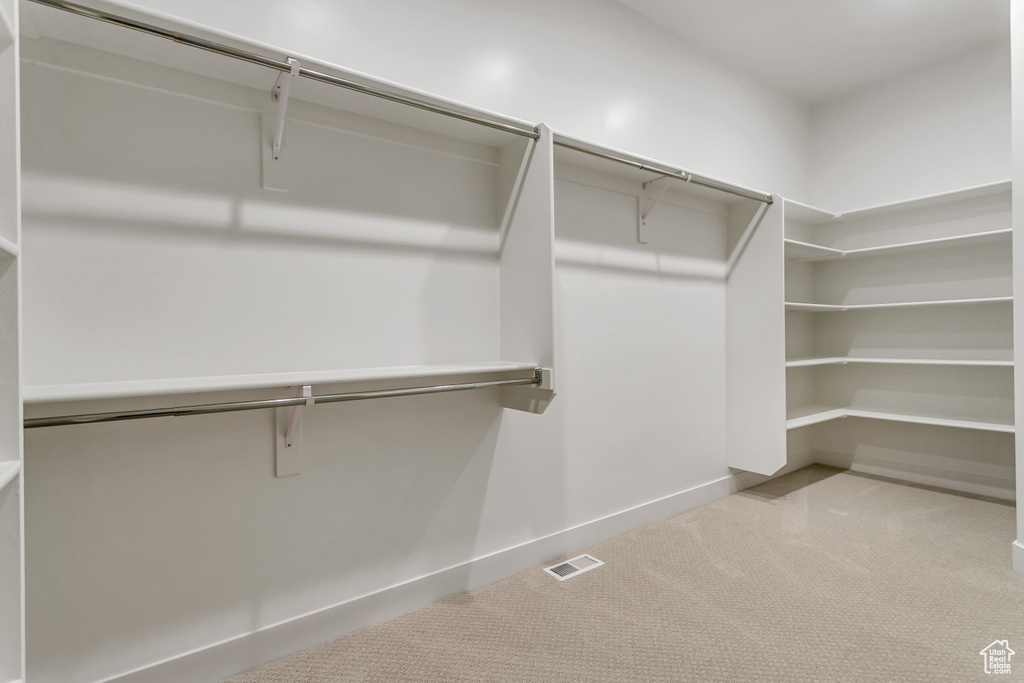 Spacious closet with light carpet