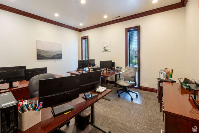 Home office featuring crown molding