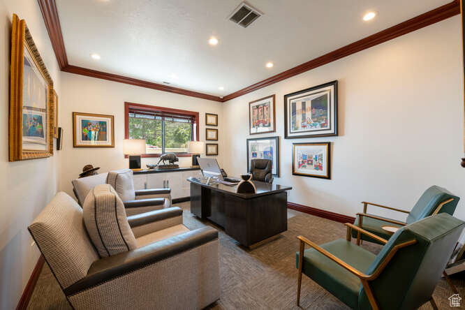Home office with ornamental molding