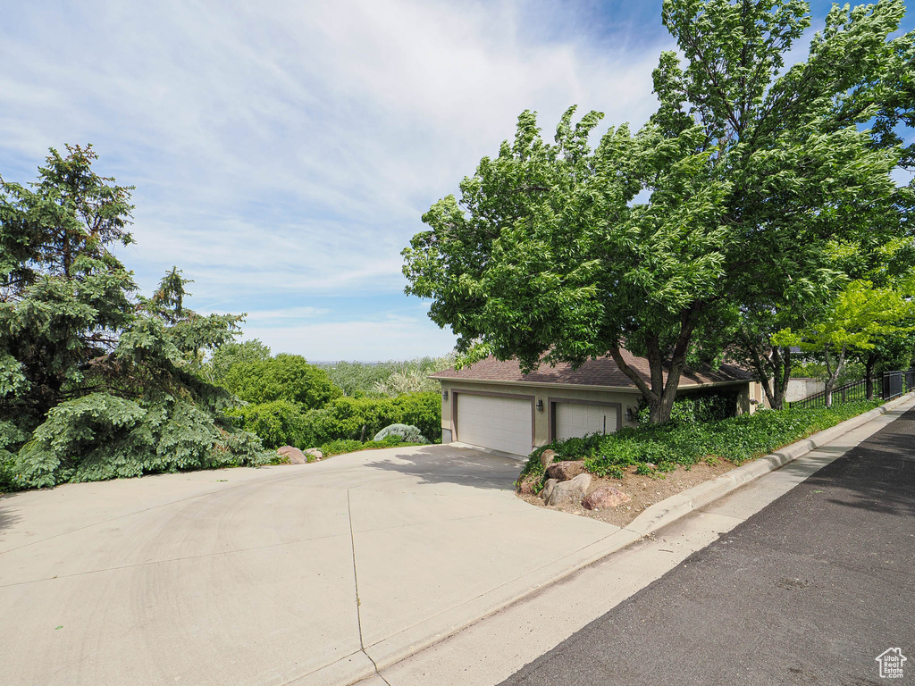 View of front of house with concrete driveway and an attached garage