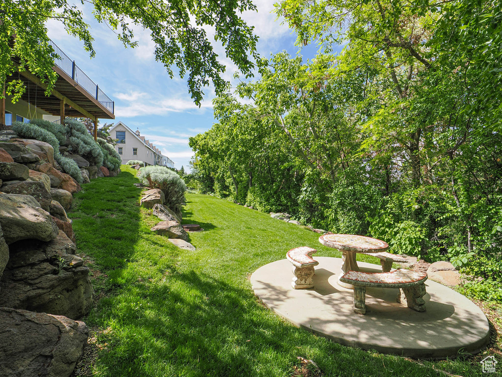 View of grassy yard with a patio area