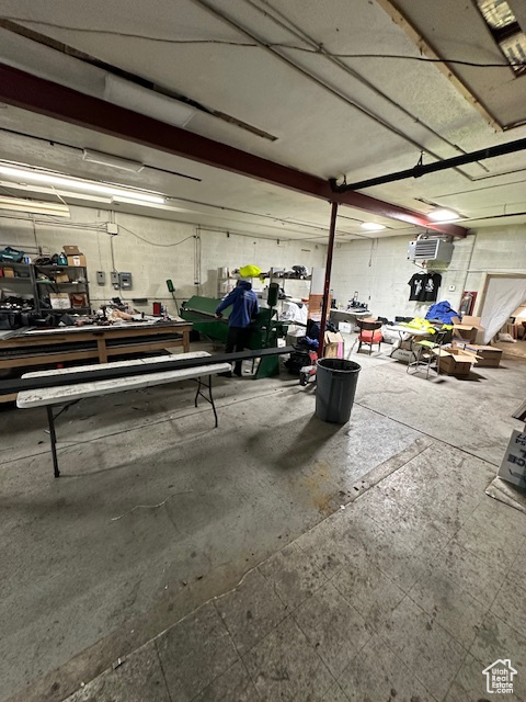 Garage featuring a workshop area
