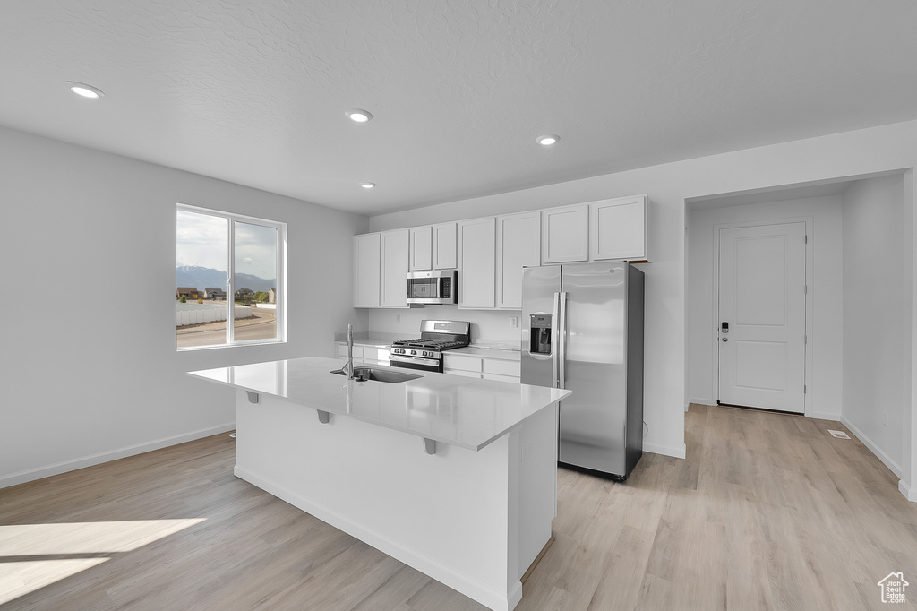 Kitchen featuring appliances with stainless steel finishes, baseboards, light wood finished floors, and recessed lighting
