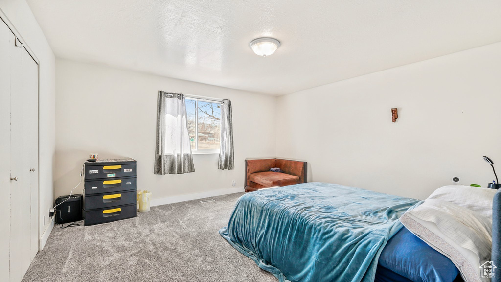 Bedroom featuring carpet floors and a closet