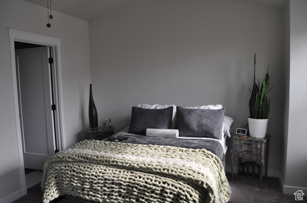 Bedroom with dark colored carpet