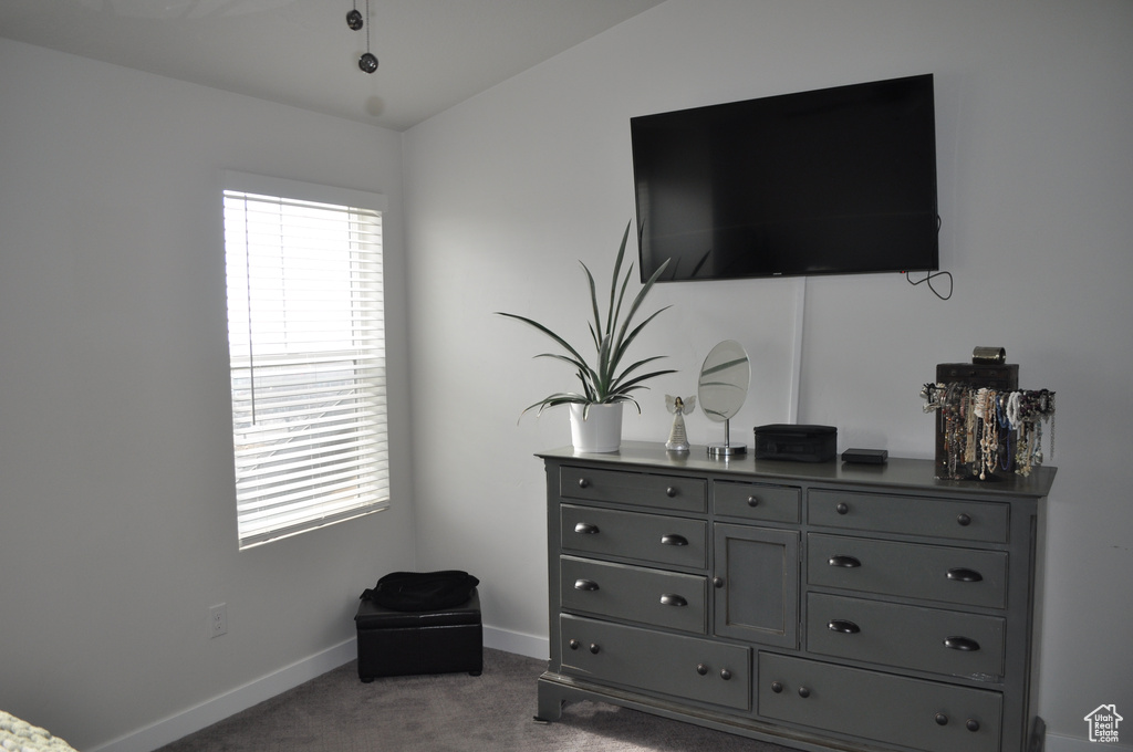 Carpeted bedroom with vaulted ceiling