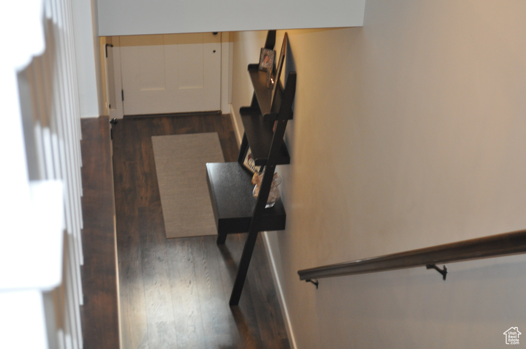Stairway with hardwood / wood-style flooring