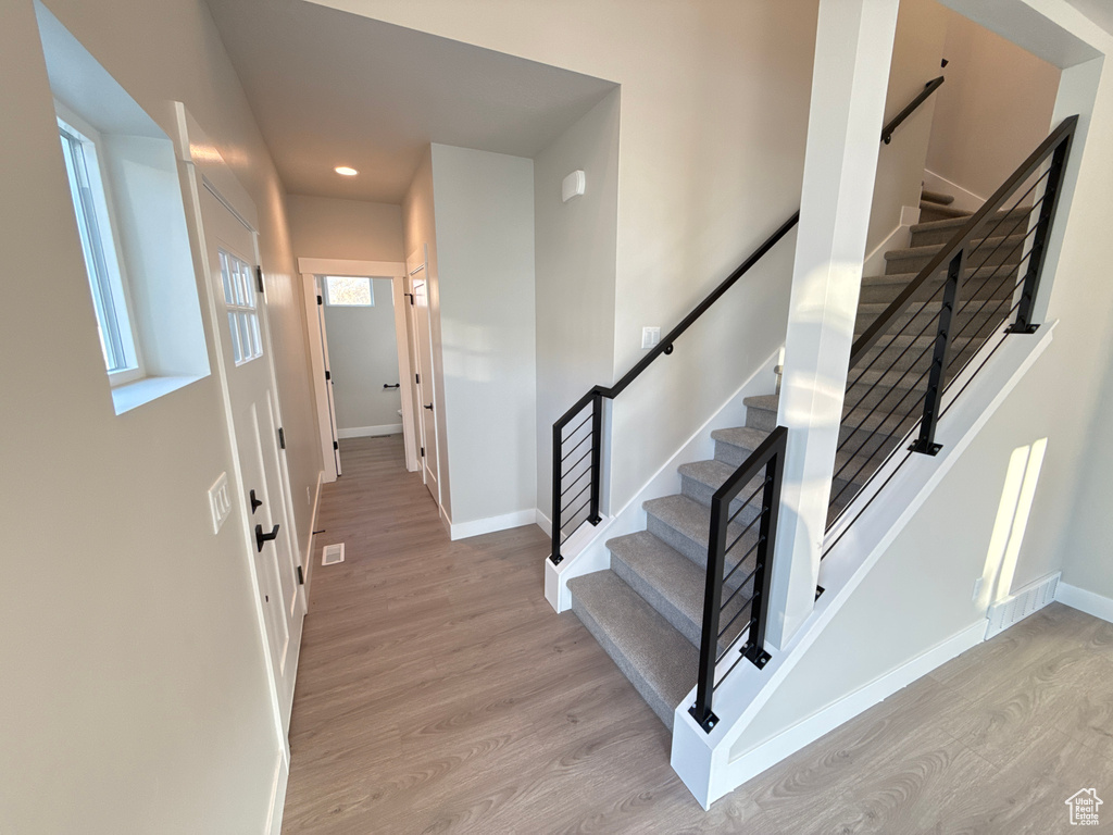 Interior space with light hardwood / wood-style flooring