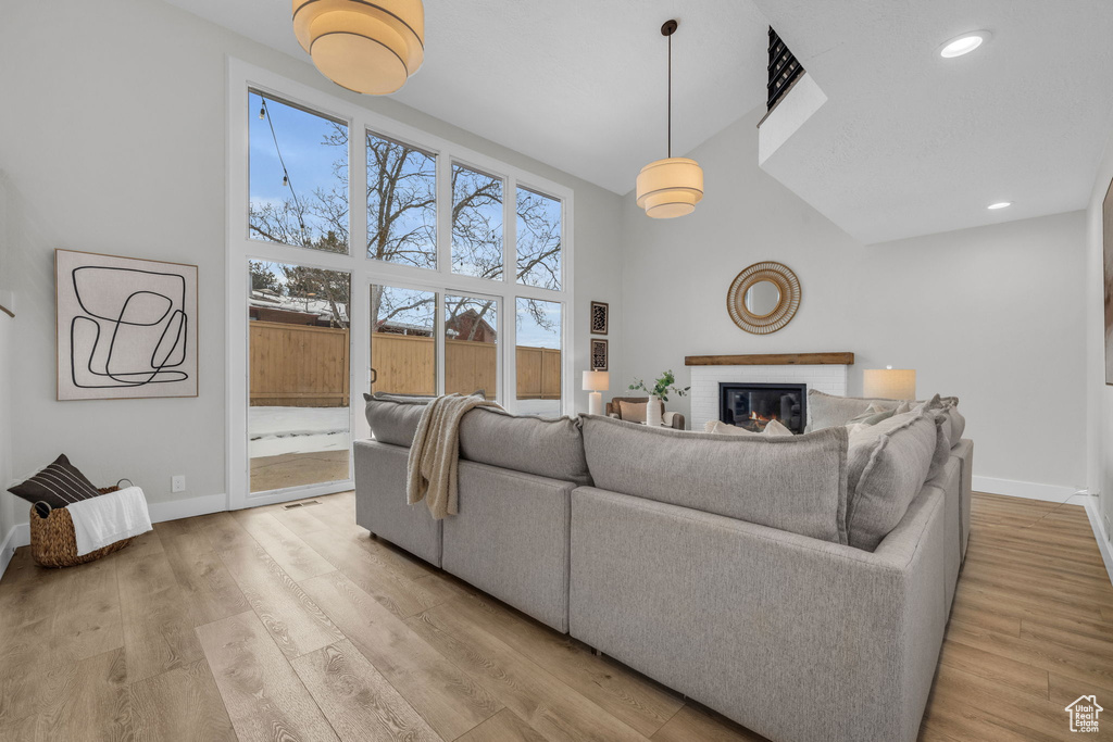 Living room with high vaulted ceiling and light hardwood / wood-style flooring