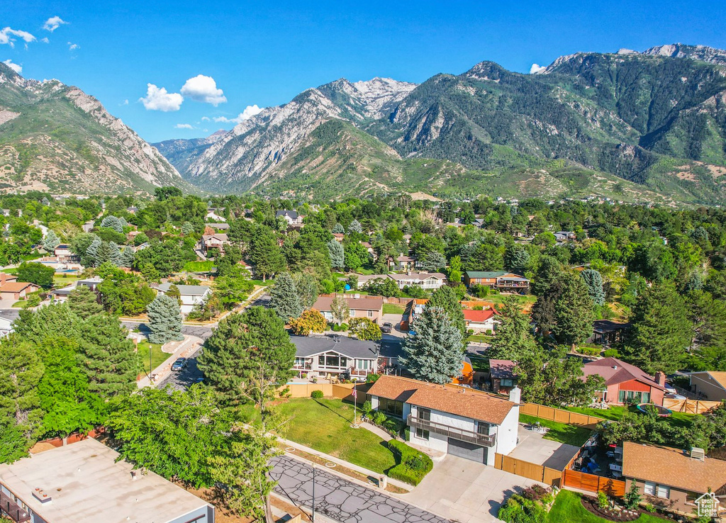 Birds eye view of property featuring a mountain view and a residential view