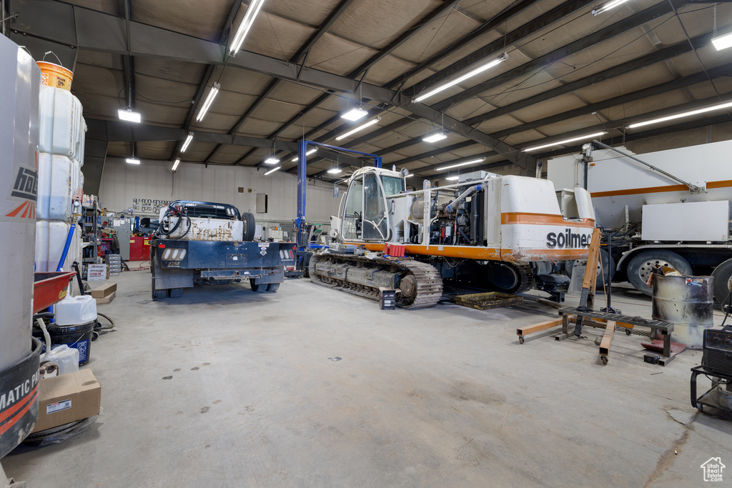 Garage featuring a workshop area