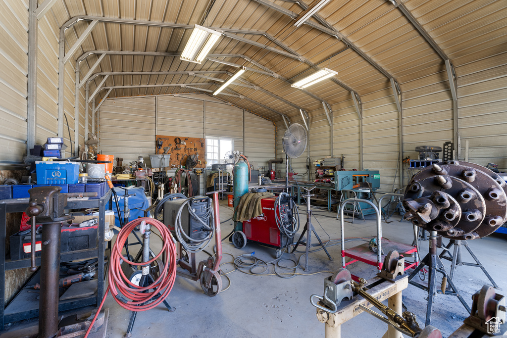 Garage with a workshop area