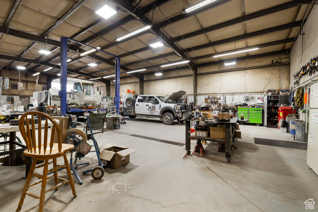 Garage featuring a workshop area