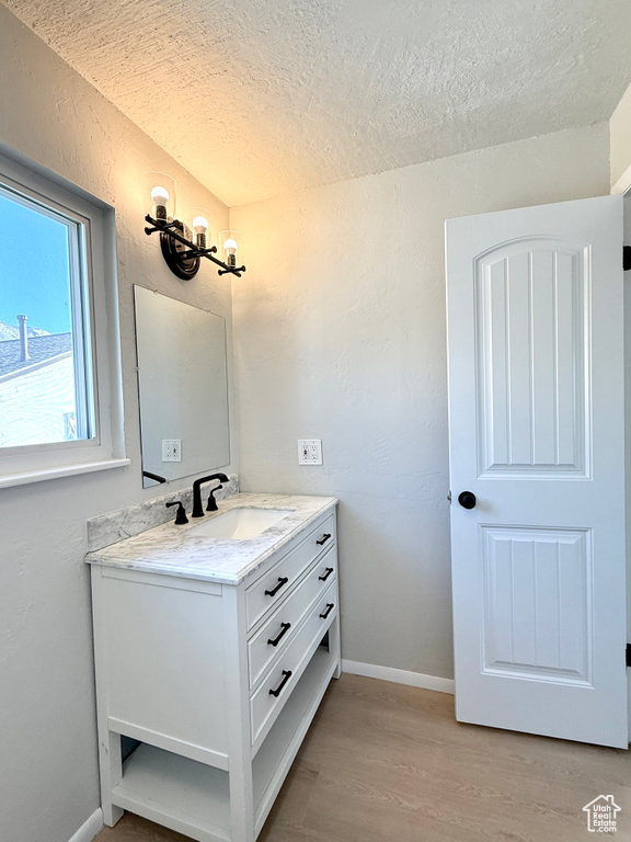 Bathroom with hardwood / wood-style flooring and vanity