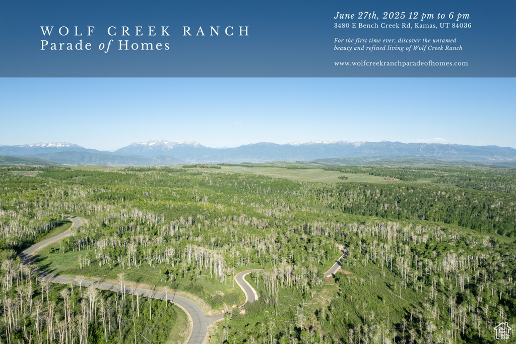 Aerial view of property and surrounding area with a mountainous background