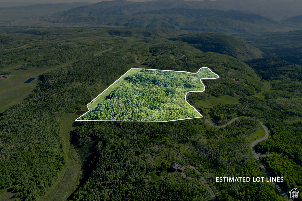 Aerial view of property\'s location with property boundaries highlighted and a mountainous background