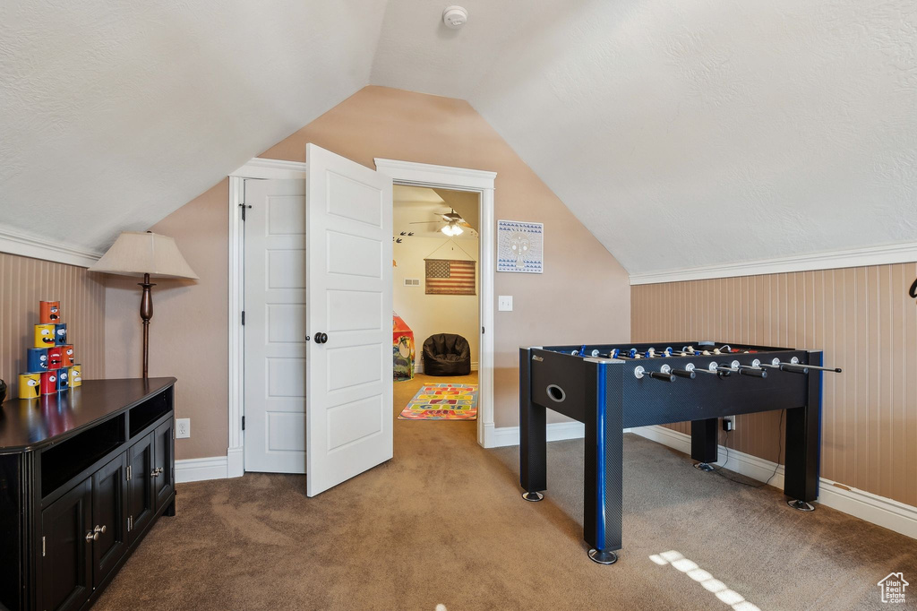 Rec room featuring vaulted ceiling and carpet flooring