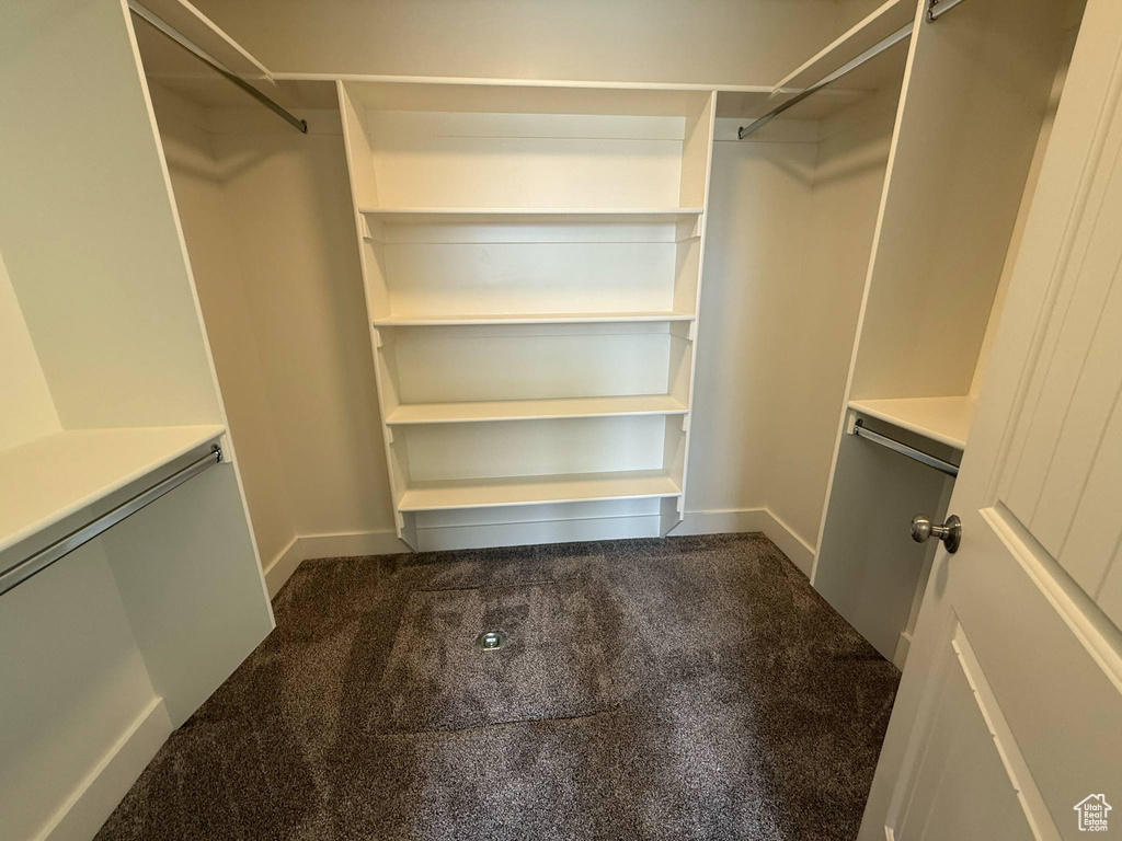 Walk in closet featuring dark carpet