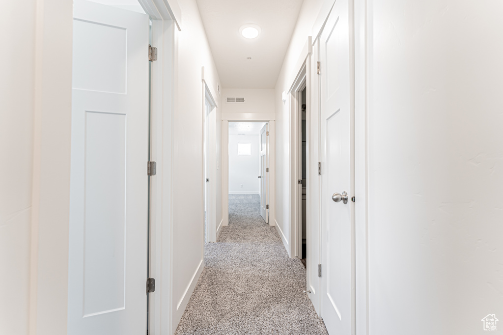 Hallway with carpet and baseboards
