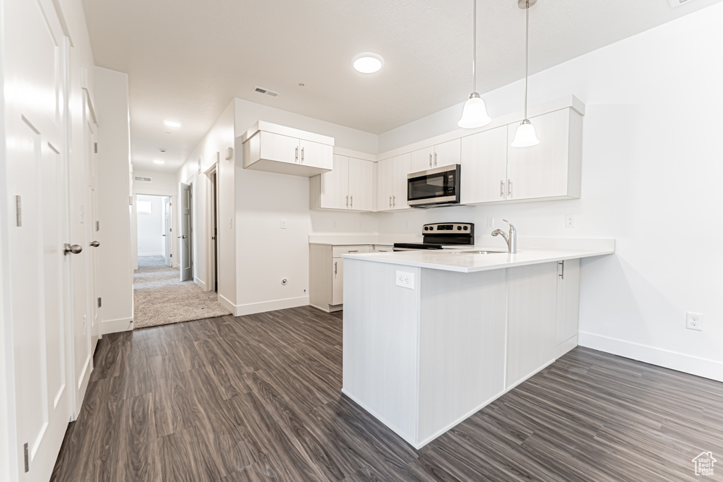 Kitchen with stainless steel appliances, baseboards, a peninsula, dark wood finished floors, and recessed lighting