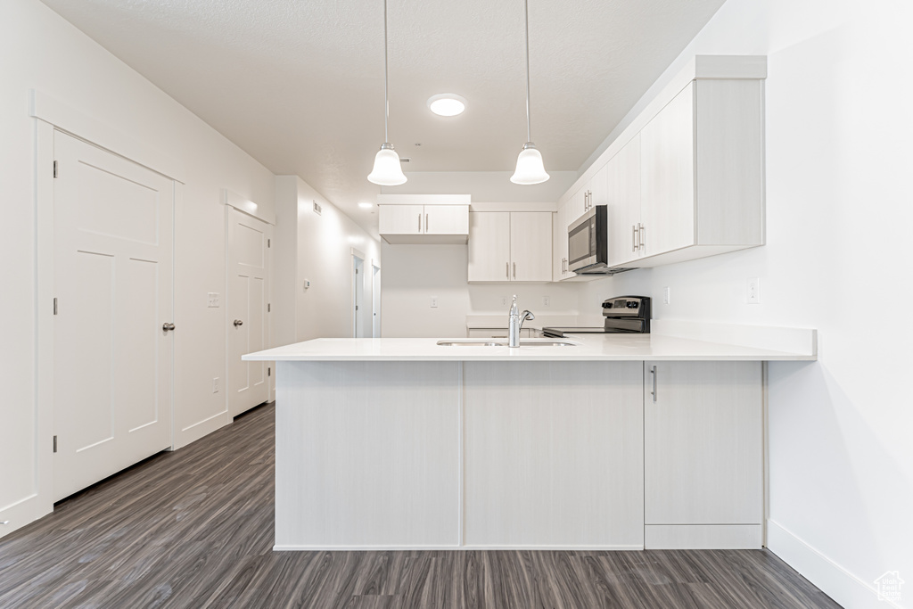 Kitchen featuring stainless steel appliances, a peninsula, a sink, baseboards, and dark wood-style flooring