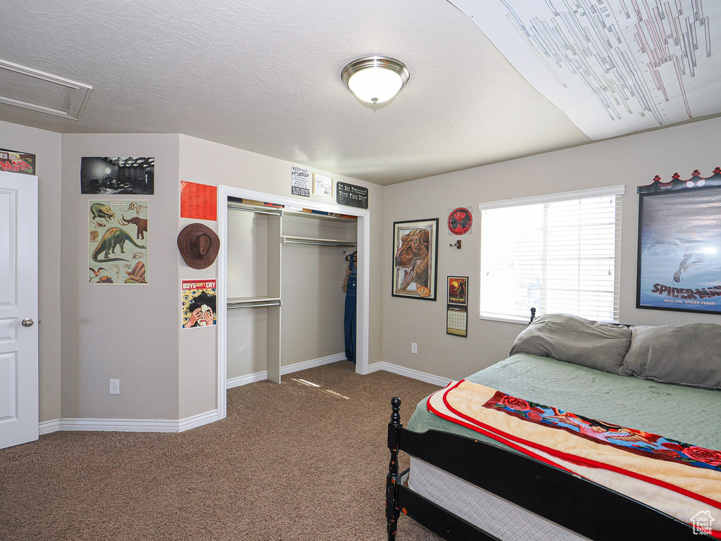 Carpeted bedroom with a textured ceiling and a closet