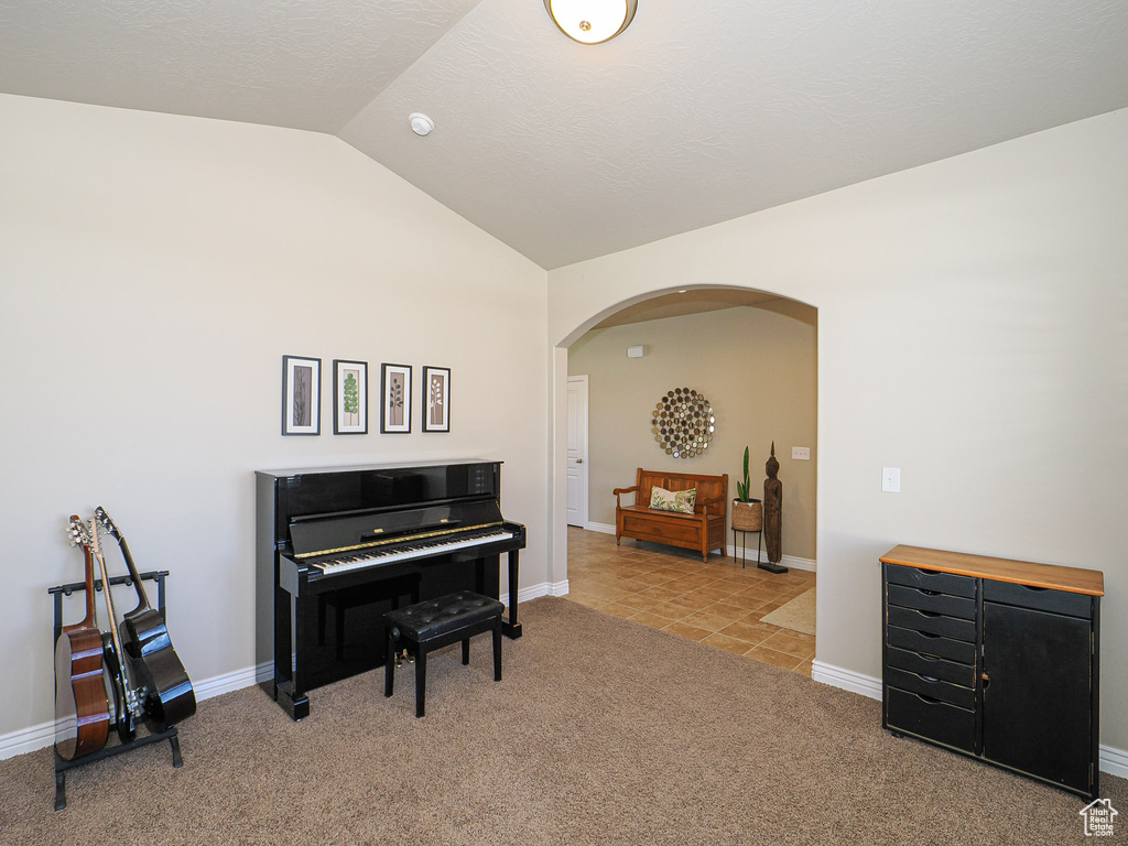 Misc room with vaulted ceiling and carpet flooring