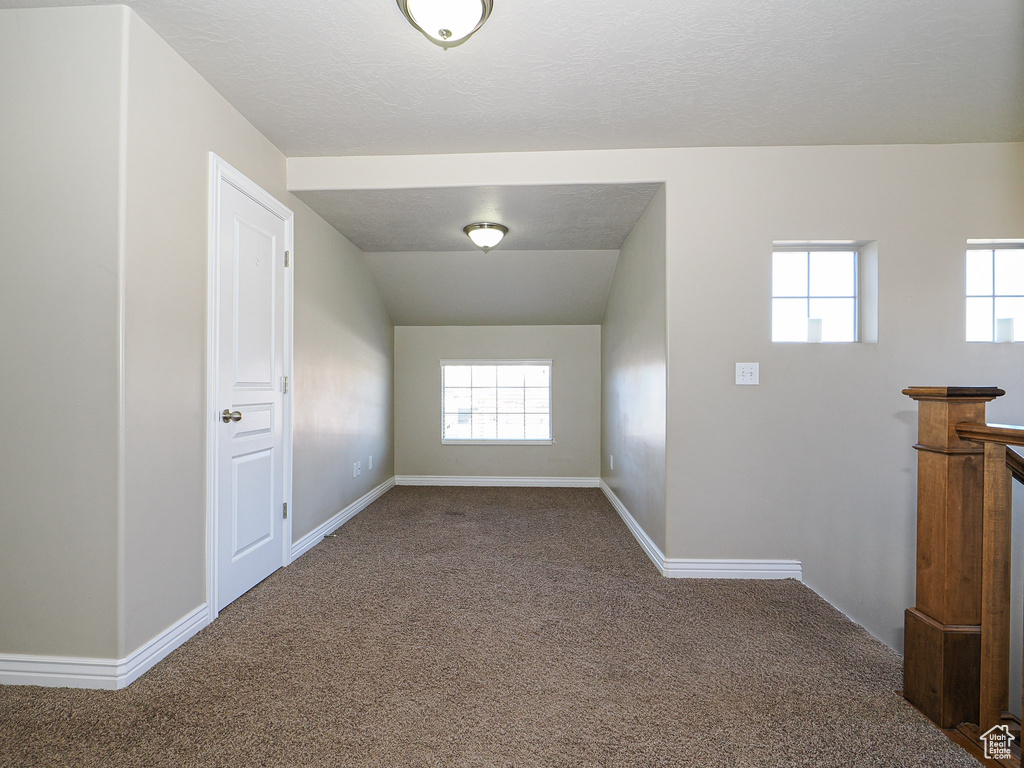 Additional living space with a textured ceiling, lofted ceiling, and carpet floors