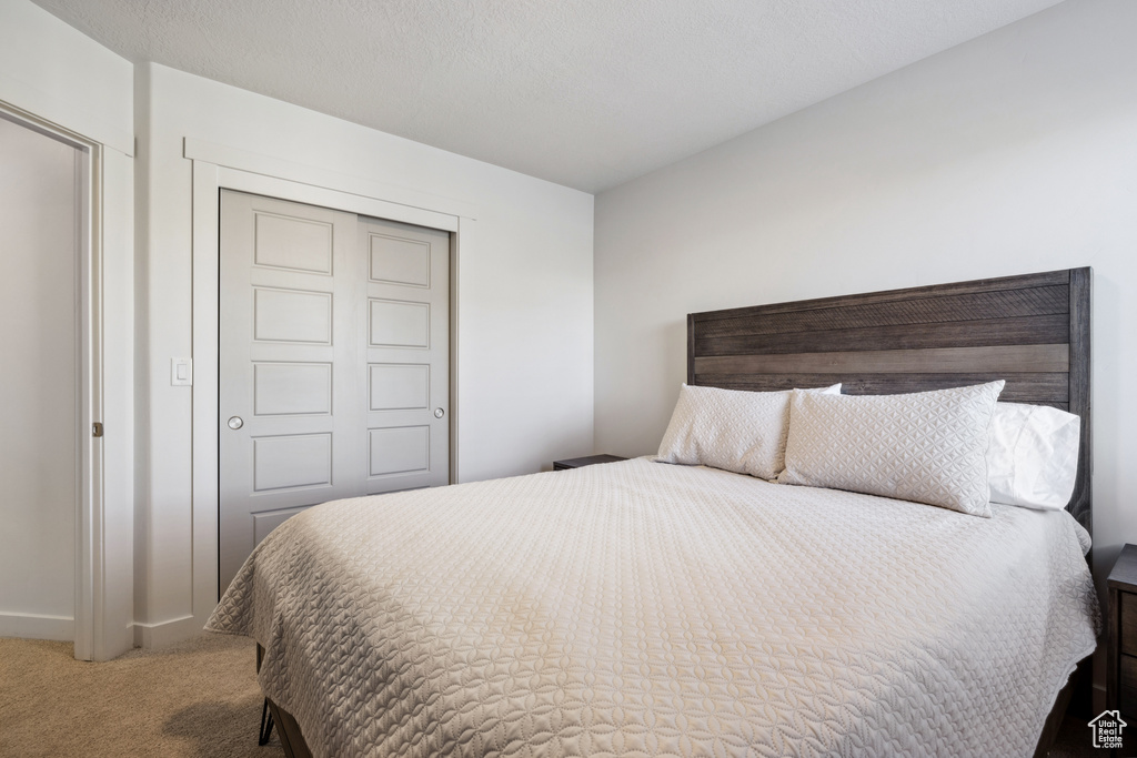 Carpeted bedroom with a textured ceiling, baseboards, and a closet